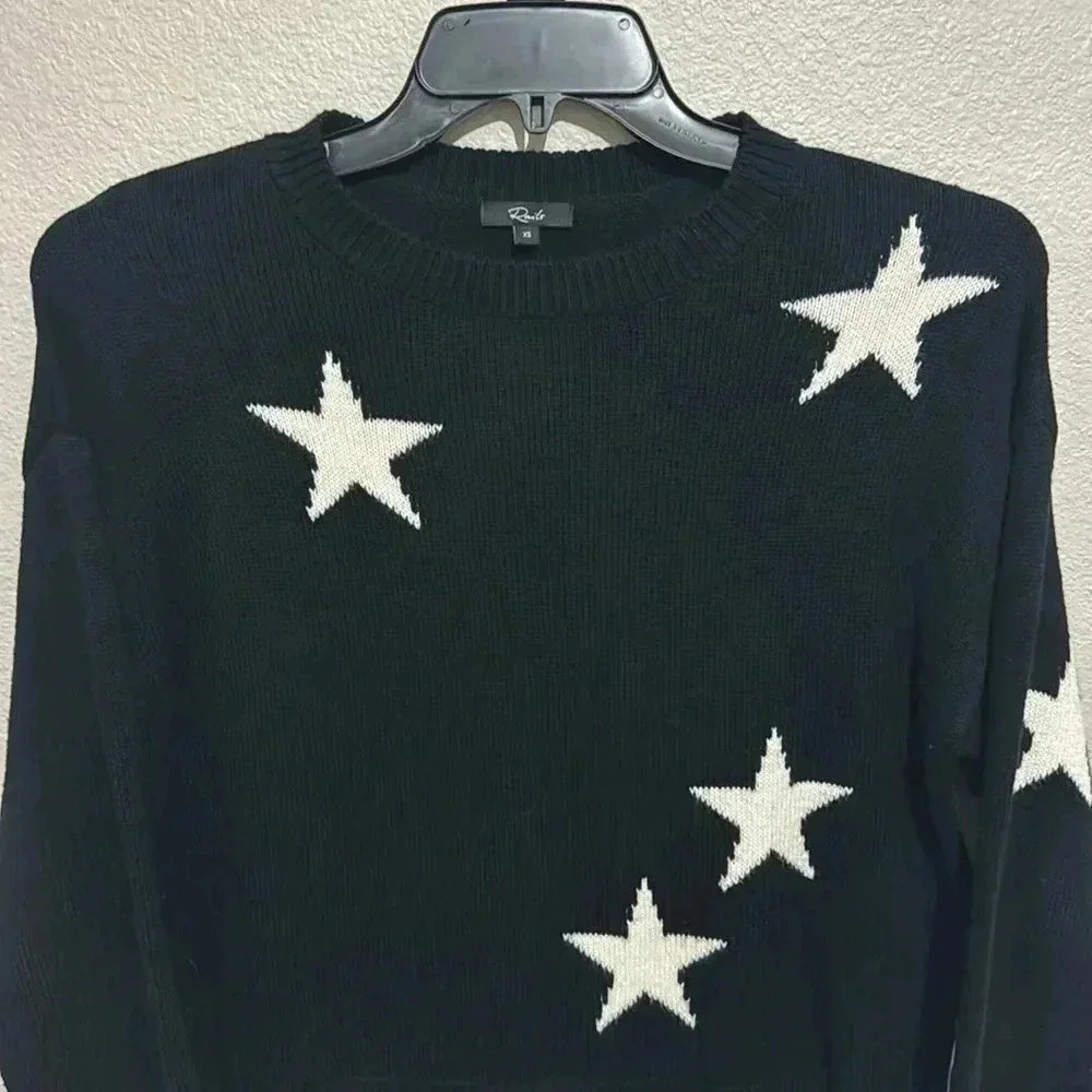 Rails Perci Black & White Star Cashmere Blend Crew Neck Sweater Cotton/Cashmere - Picture 3 of 6